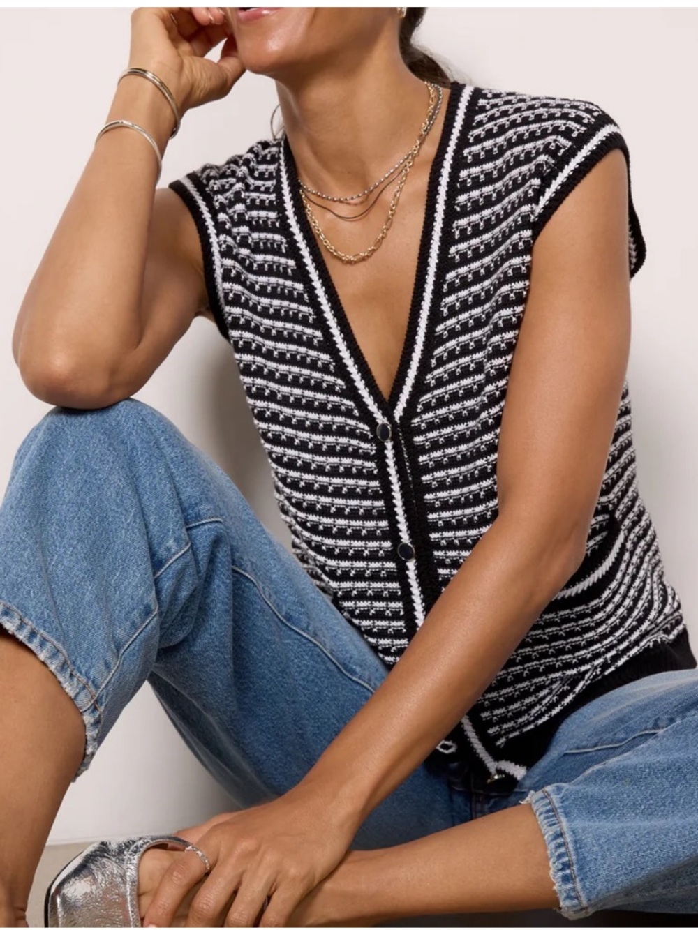 NWT Ann Taylor Black and White Knit Button-Front Vest